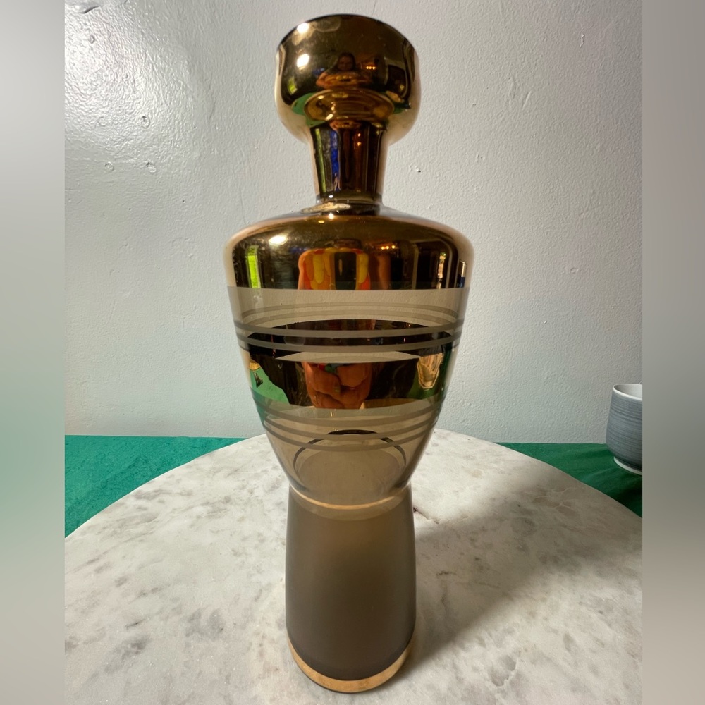 Vintage Bohemia Crystal Liquor Decanter - Smoky Gray and Gold Bands